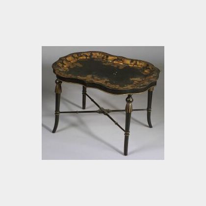 Tole Empire Revival Black and Gold Painted Tray on Stand