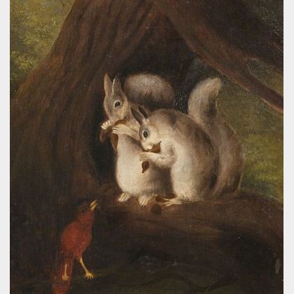 American School, 19th Century Woodland Scene with Squirrels and a Cardinal.