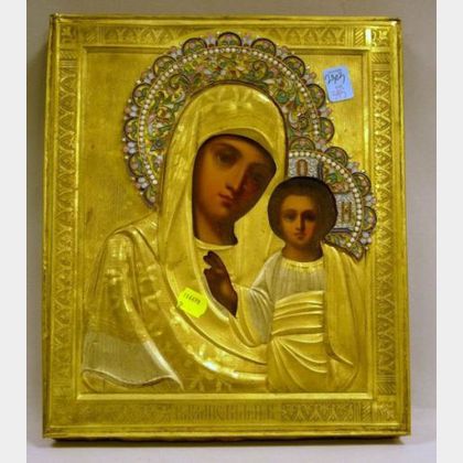 Russian Enameled Gilt-metal Mounted Painted Wooden Madonna and Child Icon. 
