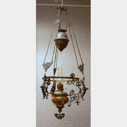 Victorian Cast Iron Hanging Lamp with Hungarian-type Decorated Ceramic Kerosene Font and an Opaque Glass Dome Shade. 