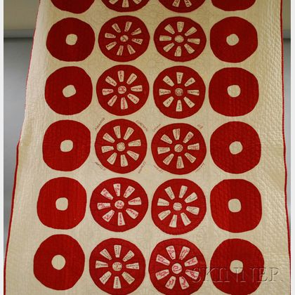Red and White Pieced and Embroidered Cotton Friendship Quilt
