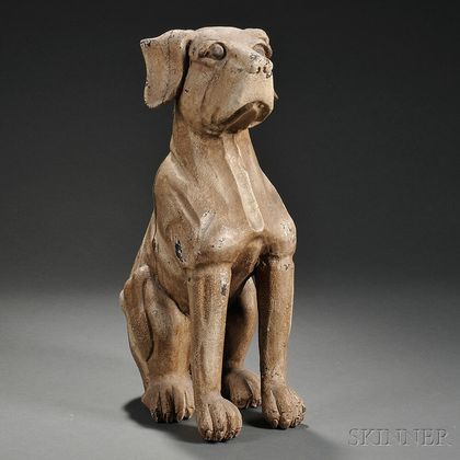 Painted and Carved Composition Sitting Dog Figure