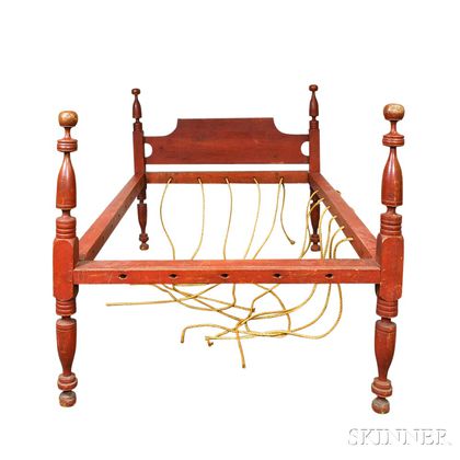 Country Red-painted Four-post Rope Bed