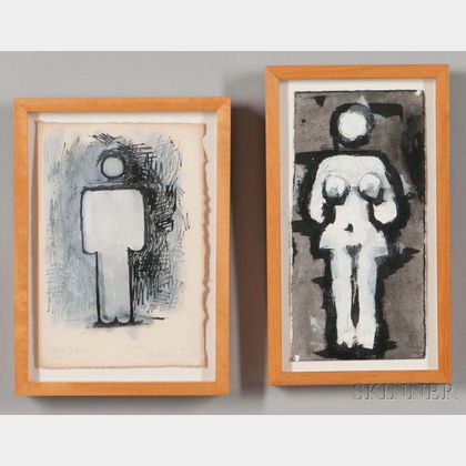 Aaron Fink (American, b. 1955) Two Small Paintings: Black and White Figures
