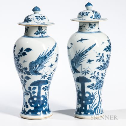 Pair of Blue and White Covered Jars