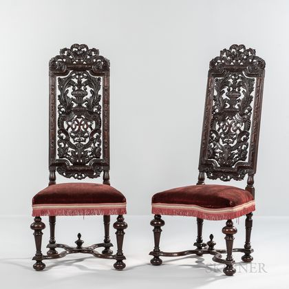 Pair of Daniel Marot-style Carved Walnut High-back Side Chairs