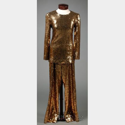 Halston Brown Sequined Pants Suit and a Halston Cream Silk Tunic
