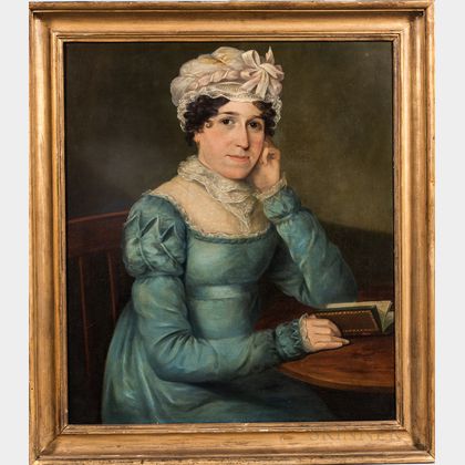 American School, Early 19th Century Portrait of a Woman in a Blue Dress Seated at a Table with a Book