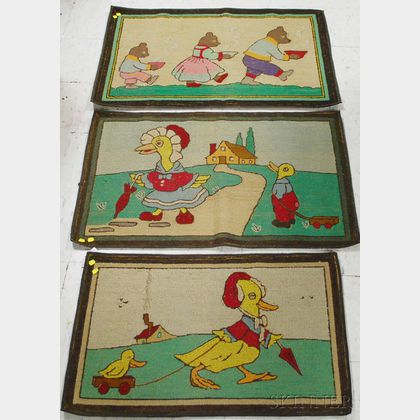 Three Children's Theme and Nursery Rhyme Pattern Hooked Rugs and a Three-part Ash and Mahogany Folding Table Mirror