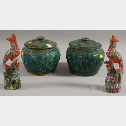Pair of Chinese Green Glazed Pottery Jars with Covers and a Pair of Bird Figural Flower Holders. 