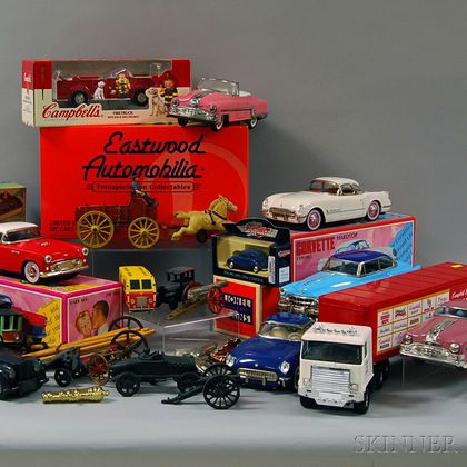 Lot of Assorted Small Collectible and Toy Cars, Vehicles, Painted Cast Iron Toys, Parts, Composition Buildings, and Other Toys