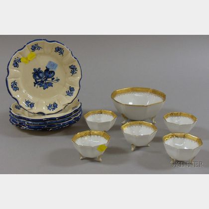 Five Italian Blue and White Floral Plates and Six Nippon Gold and White Footed Bowls. 
