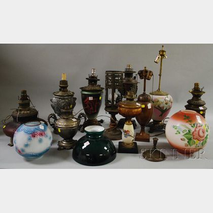 Ten Assorted Late Victorian and Early 20th Century Table Lamps with Three Art Glass Shades