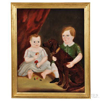 American School, 19th Century Portrait of Two Children and Their Dog