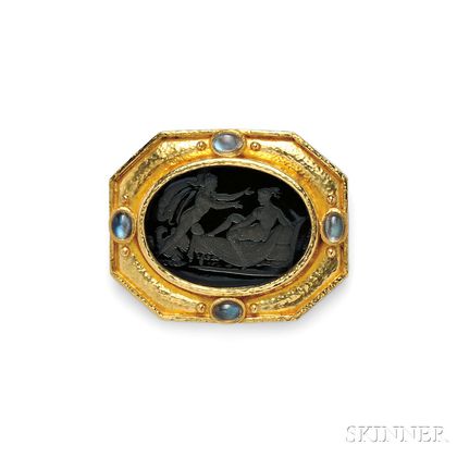18kt Gold, Glass Intaglio, and Moonstone Pendant/Brooch, Elizabeth Locke