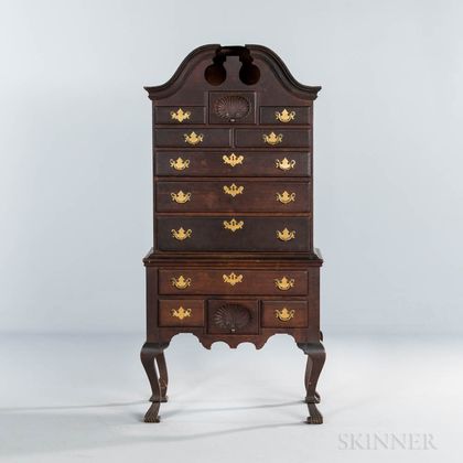 Miniature Queen Anne-style Carved Walnut Scroll-top High Chest of Drawers