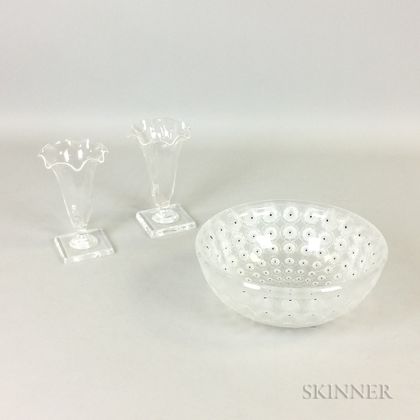 Lalique "Nemours" Frosted Glass Bowl and a Pair of Steuben Colorless Glass Cornucopia Vases
