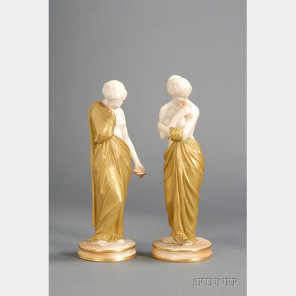 Pair of Royal Worcester Porcelain Shot Enamel Figurines