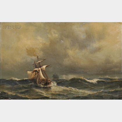 Anton Melbye (Danish, 1818-1875) Sailing Ships in Heavy Seas