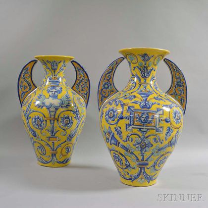 Two Large Faience Pottery Handled Vases