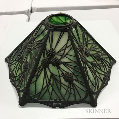 Arts and Crafts Pine Cone and Green Slag Glass Shade