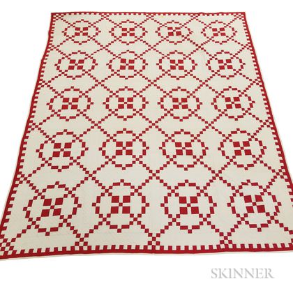 Pieced and Appliqued Cotton "Burgoyne Surrounded" Red and White Quilt