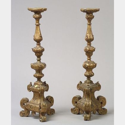 Pair of Italian Baroque-style Giltwood Pricket Candlesticks