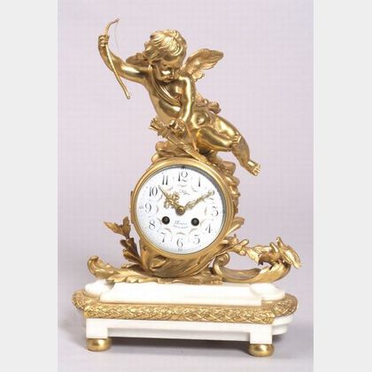 French Louis XV-style Gilt Bronze and White Marble Mantel Clock