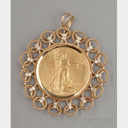 1910 American Eagle Twenty Dollar Gold Coin-mounted, and Diamond Pendant