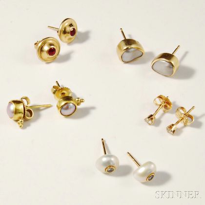 Five Pairs of 14kt Gold, Pearl, and Gem-set Earrings