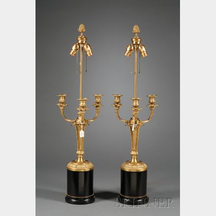 Pair of Empire-style Dore Bronze Three-Light Candelabra