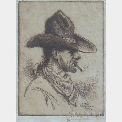 Framed Etching on Paper of a Cowboy by Bernhardt T. Wall (American, 1872-1956)