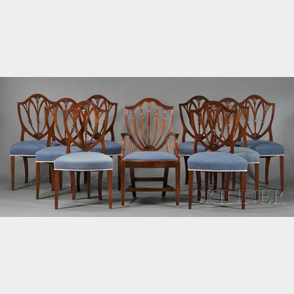 Set of Eight Federal Carved Mahogany Shield-back Dining Chairs
