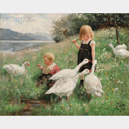 Alexander Max Koester (German, 1864-1932) Children and Geese in a Lakeside Meadow