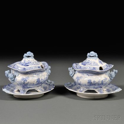 Pair of Blue Transferware Sauce Tureens with Undertrays in the "Grecian" Pattern