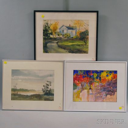 Three Framed 20th Century American Watercolor Landscapes: Gloria Malcolm Arnold, Berkshire Farm House