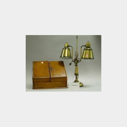 Victorian Walnut Desk Box and Two Brass Desk Lamps. 