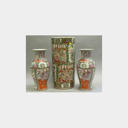 Modern Chinese Export Porcelain Rose Medallion Umbrella Stand and a Pair of Vases. 