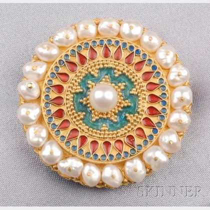 20kt Gold, Cultured Pearl, and Enamel Brooch
