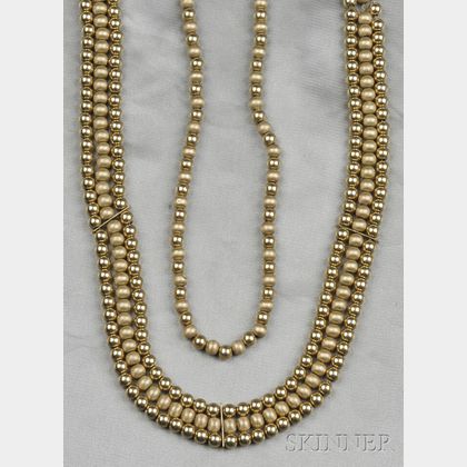 Two Brushed 14kt Gold and Bead Necklaces