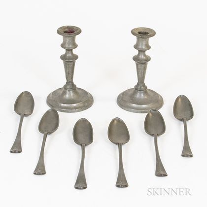 Set of Six Pewter Spoons and a Pair of Candlesticks