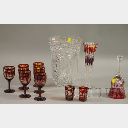 Colorless Cut Glass Vase, Tea Bell, a Molded Glass Bud Vase, and a Set of Bohemian Etched Ruby Flash Wines and Two Cordials