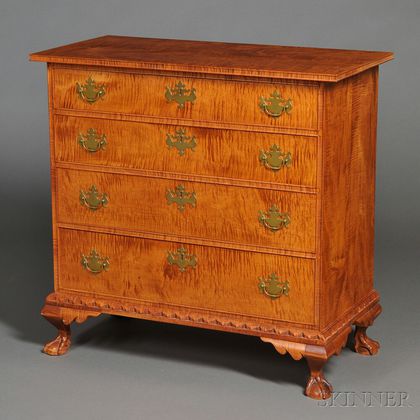 Carved Tiger Maple Chest of Four Drawers in the Dunlap Style