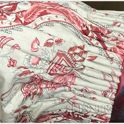 Red and White Floral- and Bird-pattern Bed Hangings. Estimate $100-200