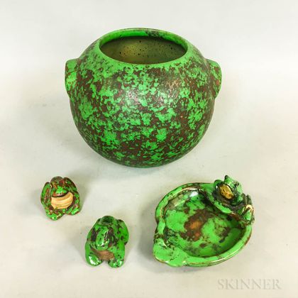 Weller Pottery Coppertone Bowl, Frog Dish, and Two Frogs