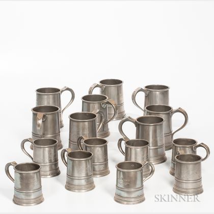 Sixteen Pewter Quart and Pint Tavern Mugs