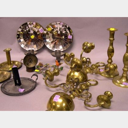 Four Brass Candlesticks, a Pair of Mirrored Wall Sconces, a Pair of Cast Brass Wall Sconces, Two Tin Lighting Items, and a Painted Meta