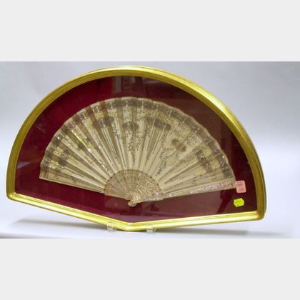Framed Sequined Silk and Mother-of-Pearl Hand Fan. 