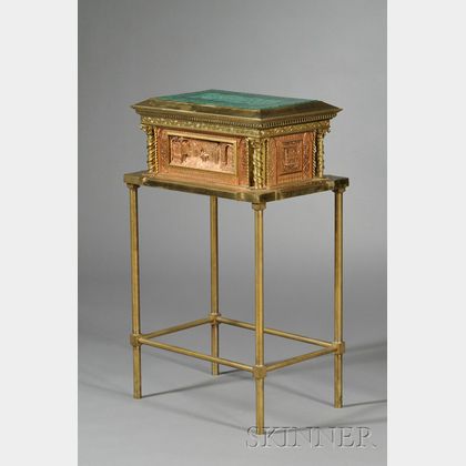 Renaissance Revival Malachite-mounted Copper and Brass Jewelry Box on Stand