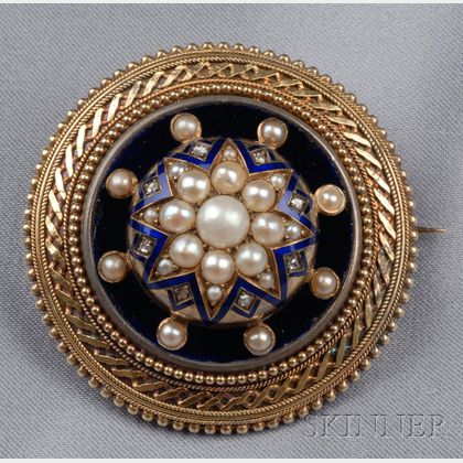 Antique 14kt Gold, Enamel, and Seed Pearl Brooch